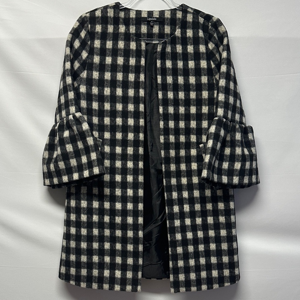 Lipslide Women’s Buffalo Plaid No-Collar Coat Black White Ruffle Bell Sleeves M